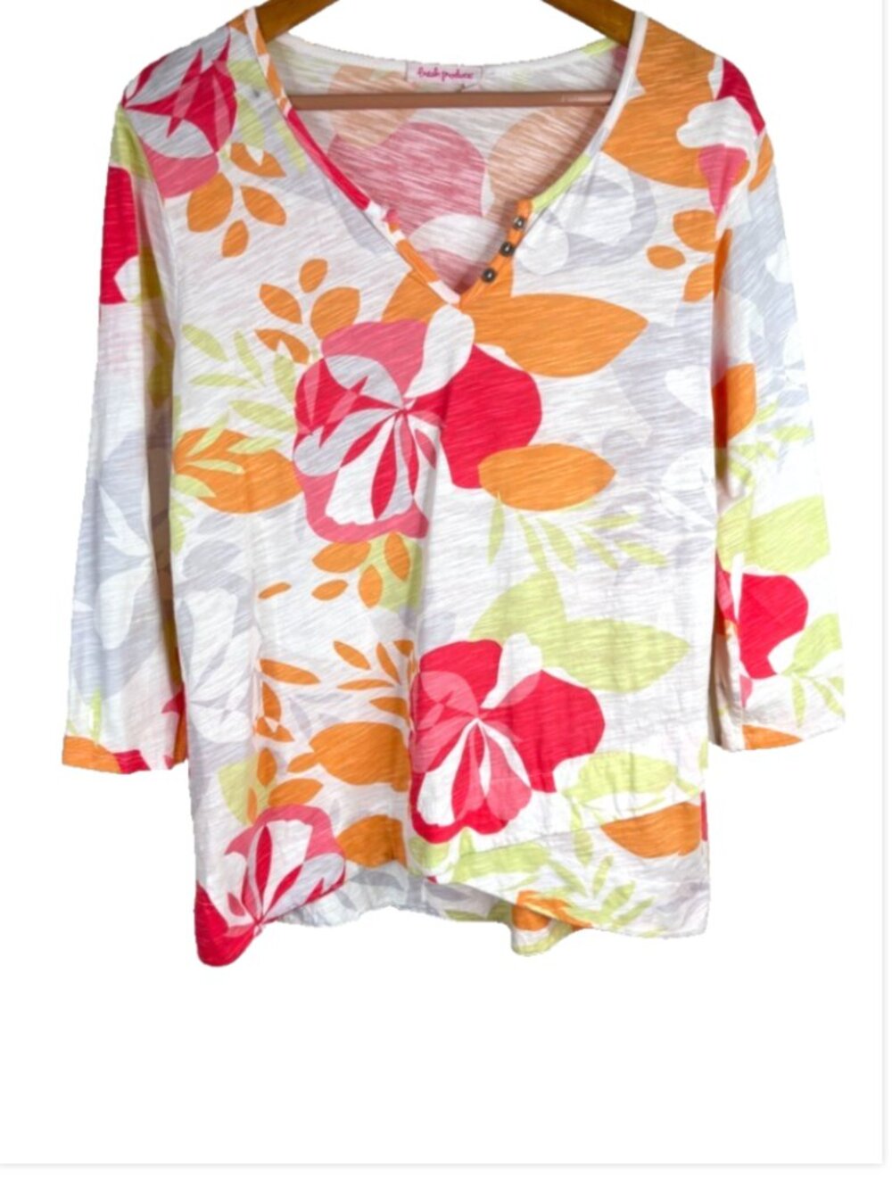 Fresh Produce Floral Top M 3/4 Sleeve Lagenlook Boho Beach Resort Travel USA